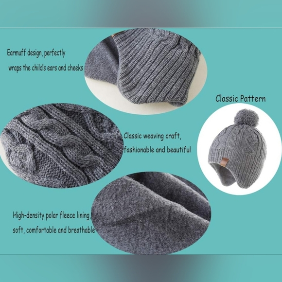 Size 55cm Kids Aged 6-10 Beanie Fleece Winter Hat Gray With Pompom And Earflaps - Picture 3 of 4